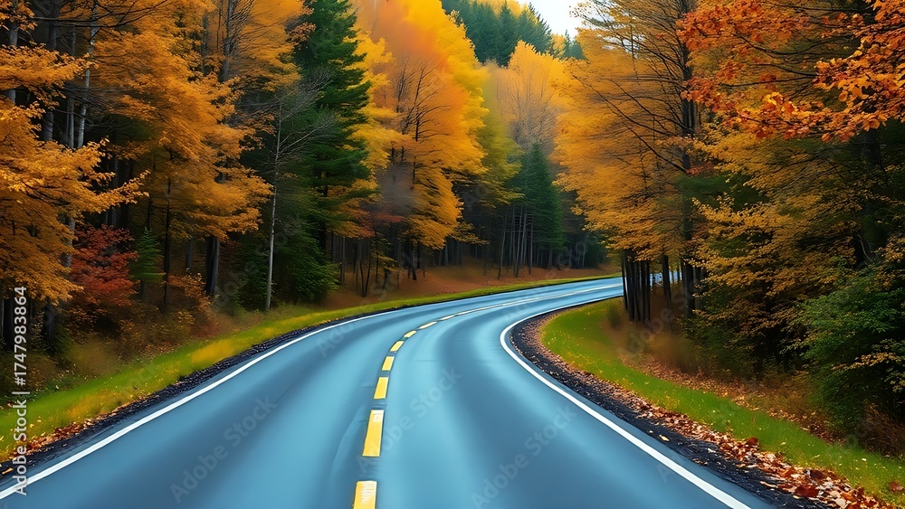 Naklejka premium Winding autumn road through a colorful forest in a scenic landscape.
