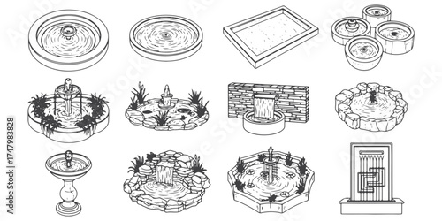 CAD Drawings. Set of 10 water feature.circular fountain, rectangular pool, tiered fountain, pond, wall fountain, garden basin, rock waterfall, bird bath, decorative pond. Vector illustration.