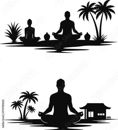 Meditation silhouettes, tropical nature, mindfulness practice, spiritual balance, yoga posture, Asian temple, palm trees, tranquility, wellness lifestyle, inner peace, serene reflection