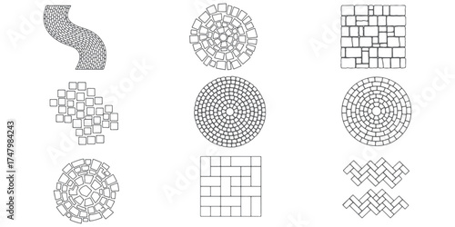 CAD Drawings. Set of pathway and pavement design. curved path, brick path, stone tile layout, spiral walkway, square pavers, cobblestone, circular plaza. Vector illustration.
