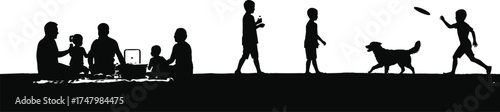 Outdoor family silhouette, children playing with dog, picnic in park, leisure lifestyle, summer bonding, technology use, happy childhood activities