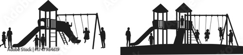 Playground silhouette illustration, children on swings and slides, outdoor playtime, family fun, park recreation, climbing activity, childhood joy, community supervision