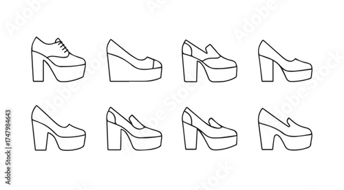 Collection of sketchy outline platform shoes and heels for fashion design inspiration vector