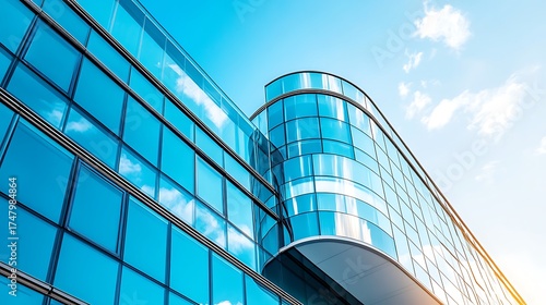 Modern Building Facade With Reflective Blue Glass Against Bright Sky View