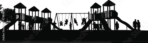 Playground silhouette illustration, children swinging and sliding, family outdoor fun, park recreation, climbing activity, childhood playtime, active lifestyle, community space