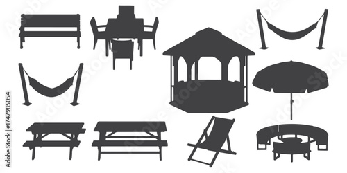 CAD Drawings. Silhouette Set of 10 outdoor furniture elements. benches, tables, chairs, swings, hammocks, gazebos, umbrellas, picnic tables, deck chairs, and park seating. Vector illustration.