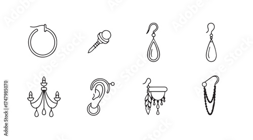 Collection of hand drawn earring and jewelry icons for fashion and beauty projects vector