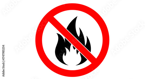 A red circle with a line through a stylized black flame, indicating a fire prohibition.