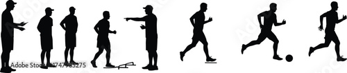 Silhouette illustration of athletic training, soccer practice drills, coach with players, agility exercises, running, teamwork, outdoor sports activity, fitness concept
