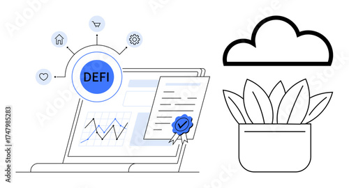 Laptop displaying decentralized finance connections, certified documents, analytics graph, cloud, and potted plant. Ideal for fintech, blockchain, cybersecurity, cloud services innovation