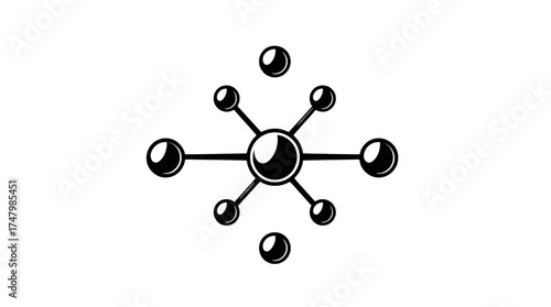 Illustration of a central sphere connected to smaller spheres by lines, with additional spheres floating around.