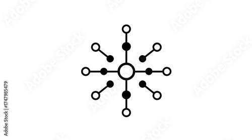 Abstract geometric design featuring a central circle with radiating lines connecting to smaller circles and dots.