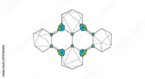 Abstract geometric design featuring interconnected polygons, teal spheres, and green/blue shapes on a white background.