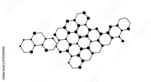 Molecular structure diagram showcasing interconnected hexagonal rings with black dots representing atoms on a white background.