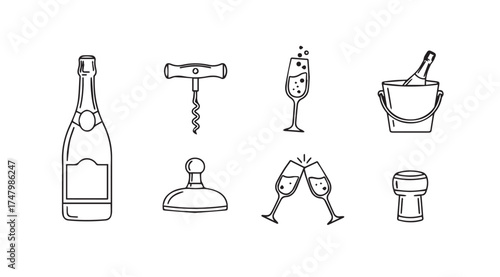 Celebration icons set champagne bottle corkscrew toasting glasses ice bucket cork vector