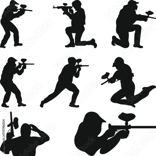 Paintball Player Silhouettes Collection, Paintball player clipart, Paintball player vector illustration.