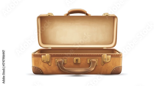 Open Vintage Leather Suitcase Isolated on White, Realistic Travel Bag