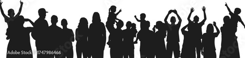 Silhouette illustration of community celebration, family togetherness, children and adults raising hands, joyful crowd, unity, lifestyle, festive event, social gathering