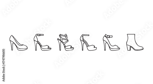 Diverse collection of elegant women's footwear line drawings for fashion and design vector