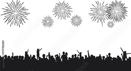 Silhouette illustration of crowd celebrating with fireworks, festive event, holiday celebration, public gathering, night festival, cultural entertainment concept