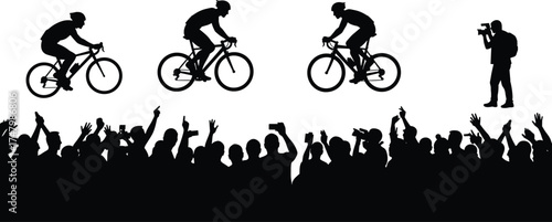 Silhouette illustration of cycling race, competitive cyclists with cheering crowd and photographer, sports event, outdoor competition, lifestyle, athletic concept