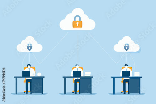 Business people working on laptops connected to secure cloud storage with digital locks