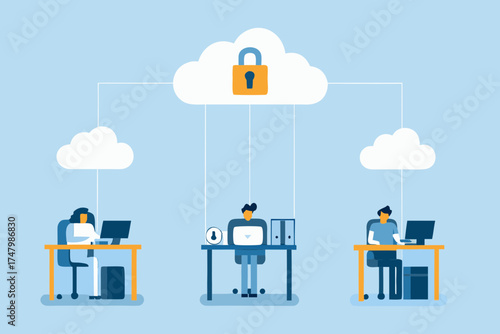 Secure cloud computing concept with people working at desks connected to a protected cloud storage