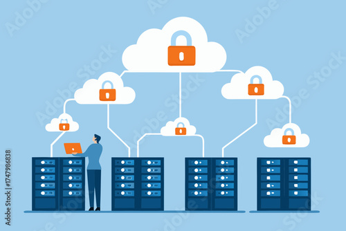 Secure cloud computing infrastructure with servers and a person managing data security