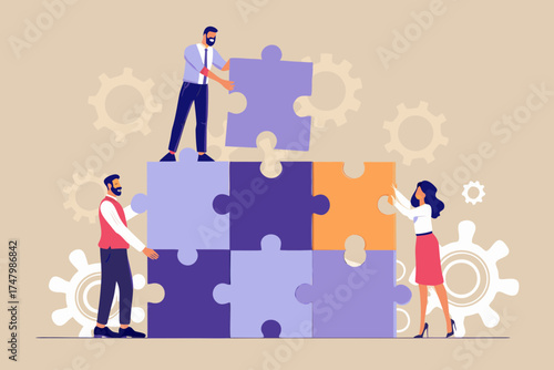 Diverse team of business professionals collaborating to assemble a large jigsaw puzzle representing teamwork and success