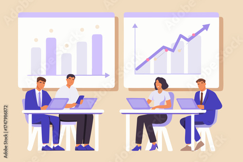 Diverse business professionals collaborating and analyzing financial data charts during a meeting or presentation