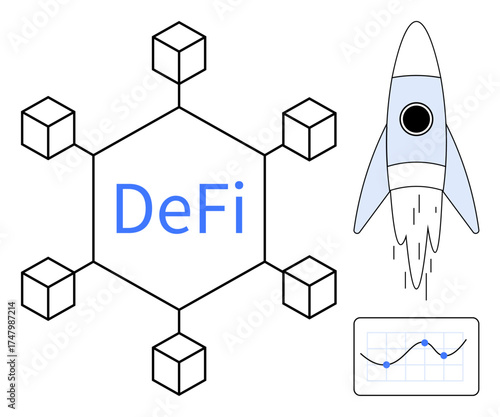 Blockchain network structure with DeFi text, launching rocket symbolizing growth, and analytics chart for progress tracking. Ideal for finance, blockchain, innovation, startup, technology, growth