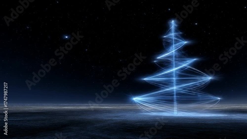 Futuristic glowing blue light Christmas tree against a dark starry night sky, abstract digital holiday technology concept.