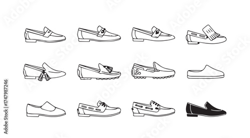 Collection of classic loafer shoes in sketch style for fashion design and footwear concepts vector