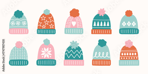 Set with cute hand drawn winter hats. Christmas elements. Vector illustration