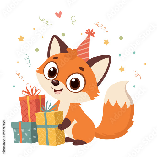 Cute fox with gift boxes and birthday hat. Vector illustration isolated on white background.