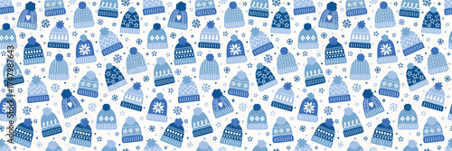 Colourful hand drawn winter hat background. Christmas seamless texture. Banner. Vector illustration