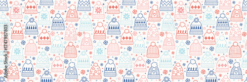 Cute hand drawn winter hat background. Design of a Christmas seamless pattern. Banner. Vector illustration