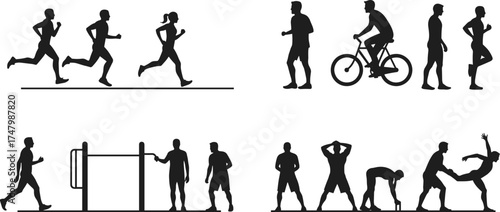 Silhouette illustration of fitness activities, people running, cycling, stretching, gym workout, warm‑up exercises, outdoor lifestyle, physical training, healthy recreation concept