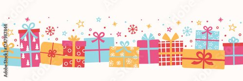 Christmas banner with cartoon hand drawn presents with bows. Vector illustration