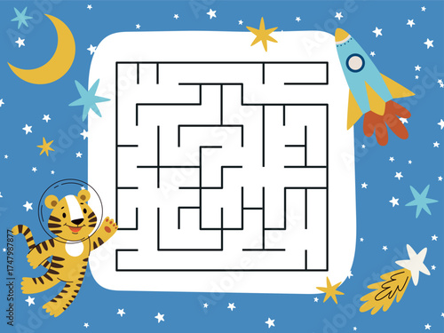 Space maze for kids. Educational game for preschoolers.Animals astronauts in space. Vector flat illustration in cartoon style
