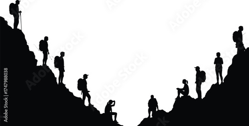 Silhouette illustration of hikers on mountain ridges, outdoor adventure, backpacking, nature exploration, trekking lifestyle, travel tourism, wilderness activity concept