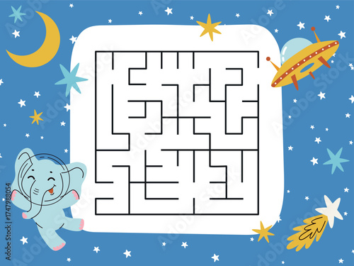 Space maze for kids. Educational game for preschoolers.Animals astronauts in space. Vector flat illustration in cartoon style