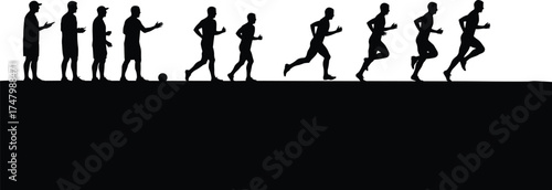 Silhouette illustration of human running motion sequence, athletic biomechanics, sprint training, sports science, physical education, exercise progression, fitness activity