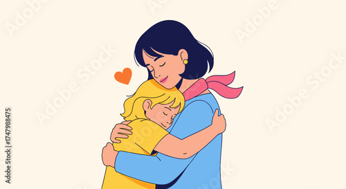 Mother and child embracing warmly, loving mood, emotional connection, happy moment, copy space