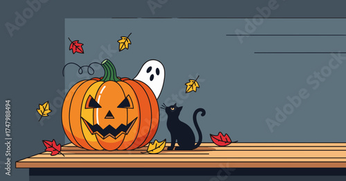 Halloween pumpkin with a black cat and a ghost, spooky mood, autumn leaves, copy space