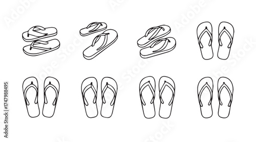 Collection of eight hand-drawn flip-flop sandal pairs for summer beach footwear fashion and travel vector
