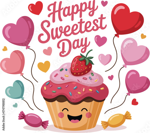 Happy Sweetest Day Cupcake with Balloons and Candy