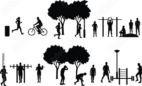 Silhouette illustration of outdoor fitness park, people exercising, jogging, cycling, stretching, weightlifting, calisthenics, healthy lifestyle, recreation, physical training concept