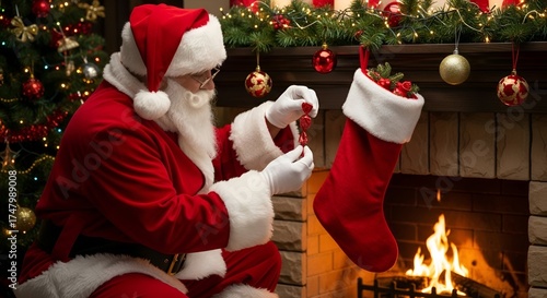 Santa Claus in a red suit puts candy in a red Christmas stocking on a fireplace mantel
