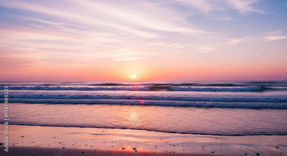 Naklejka premium Sunset over the ocean with colorful sky and gentle waves.